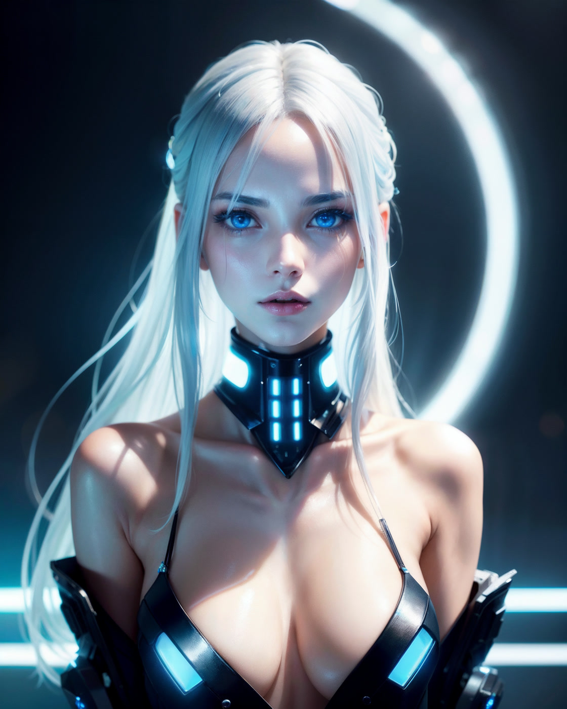 Luminarion, with luminous blue eyes, long white hair, and a cyan cybernetic collar